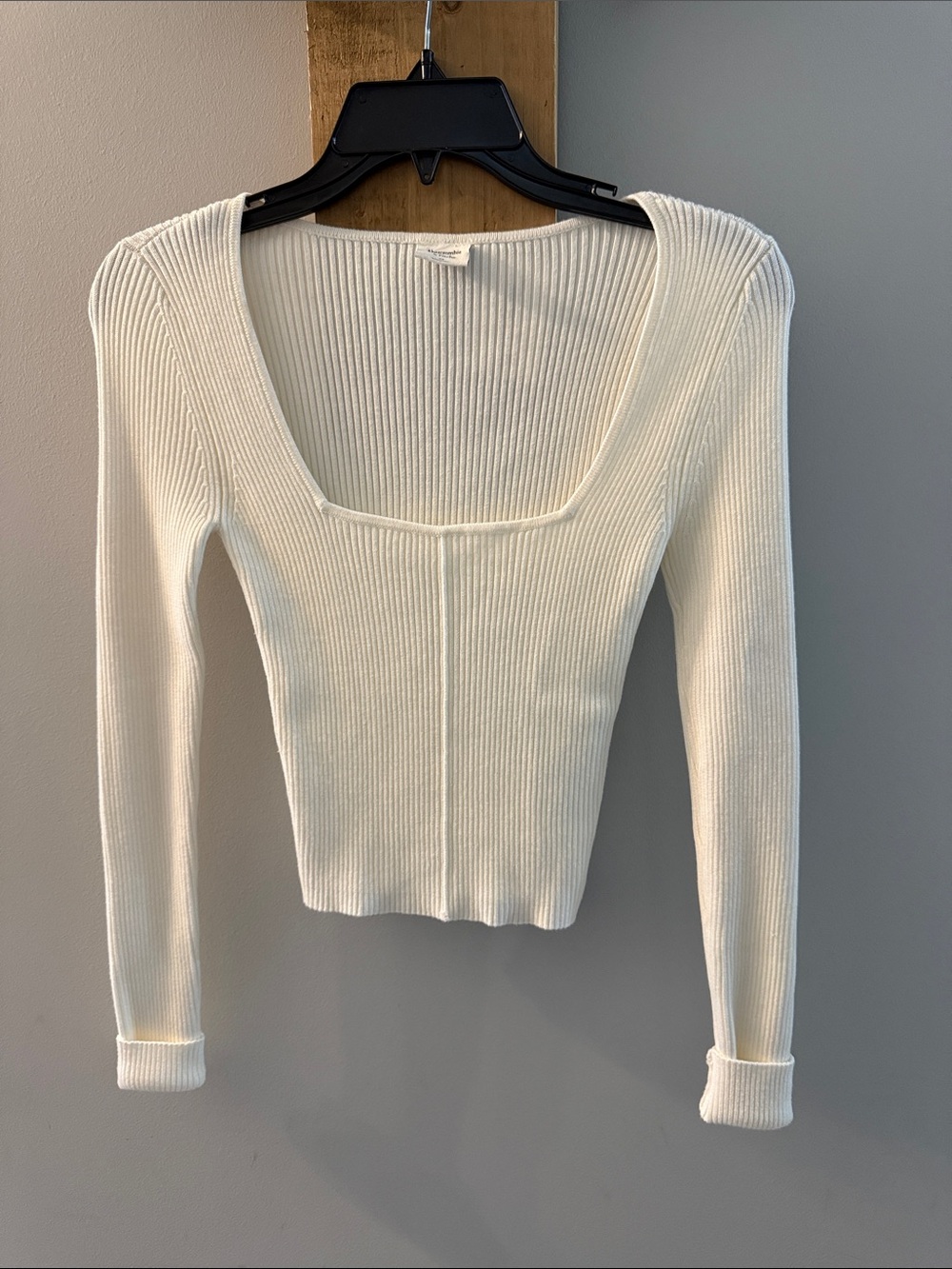 Abercrombie & Fitch Ribbed Square-Neck Long Sleeve Top - Cream